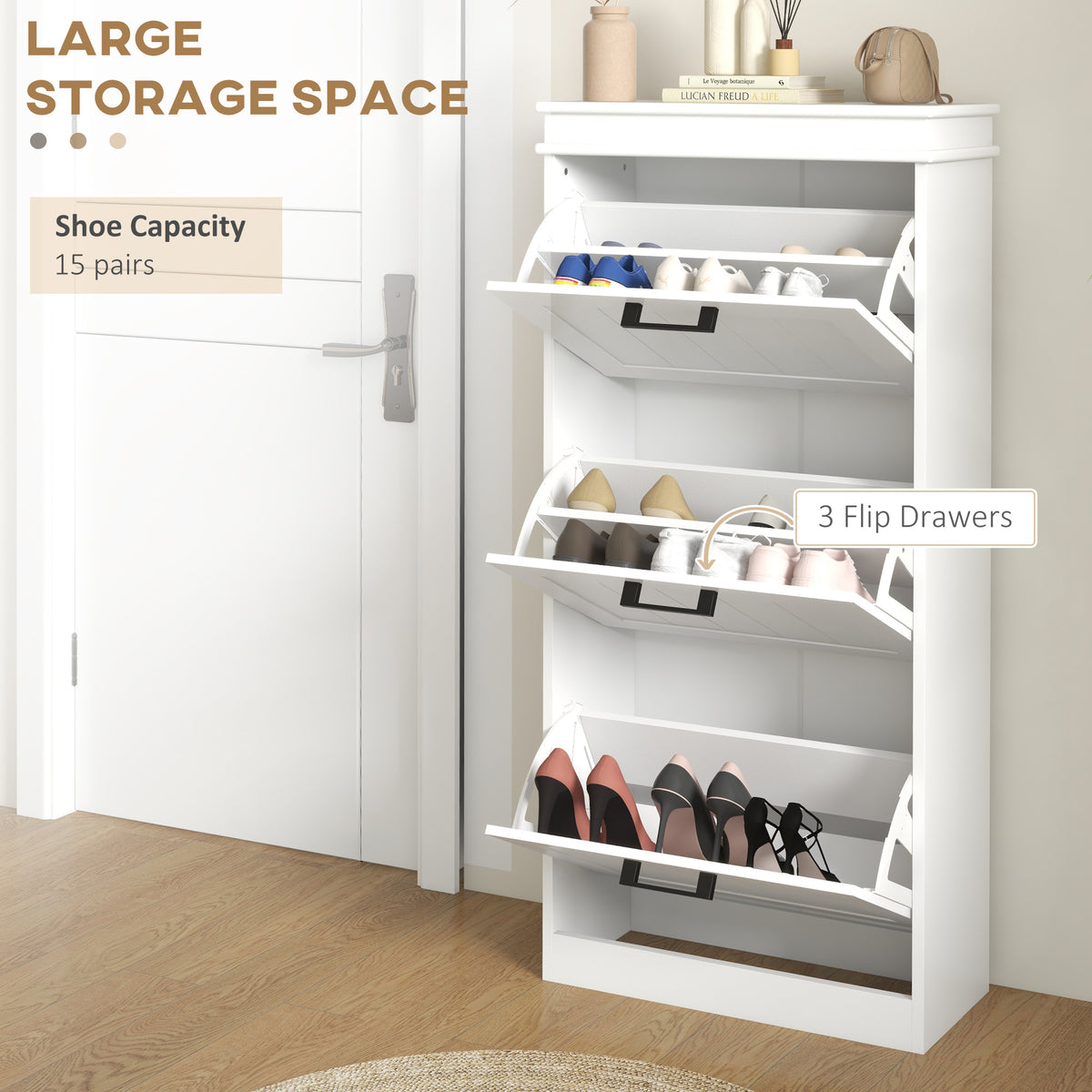 Narrow shoe cabinet with three flip drawers