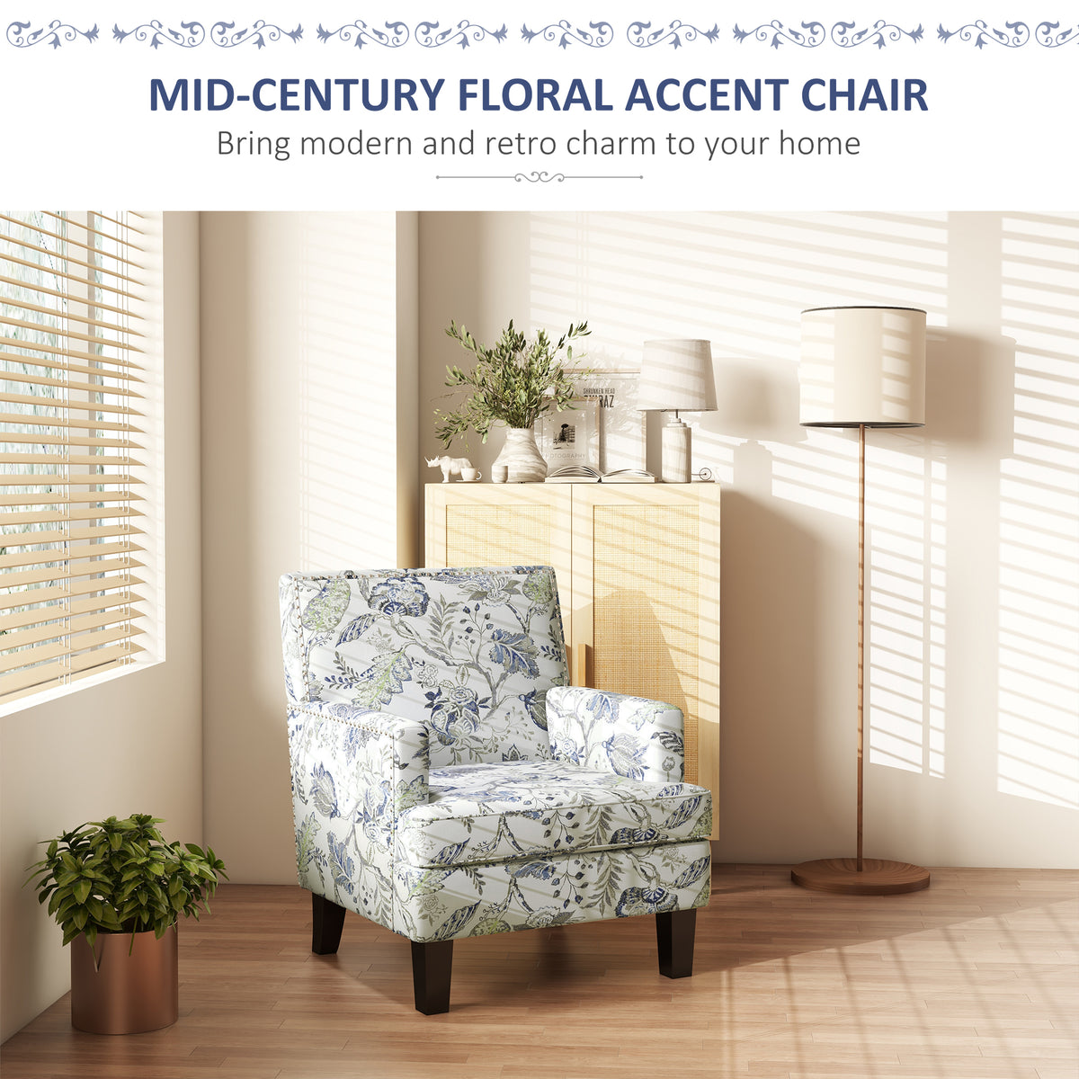 Mid-Century Accent Armchair Floral Pattern Nailhead Trim