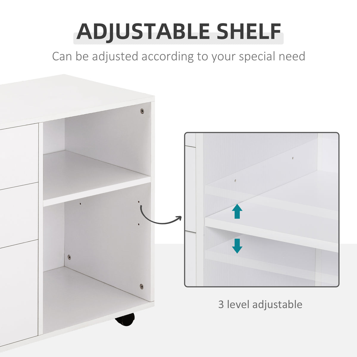 Mobile filing cabinet 3 drawers with open shelves