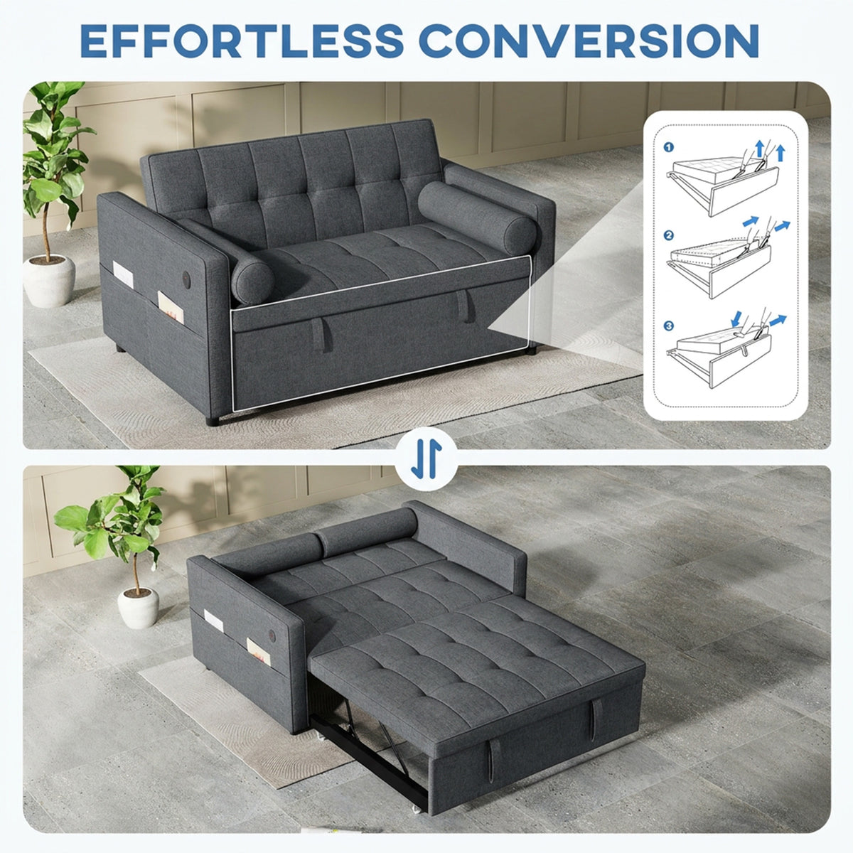 Convertible sofa bed with USB ports and adjustable backrest