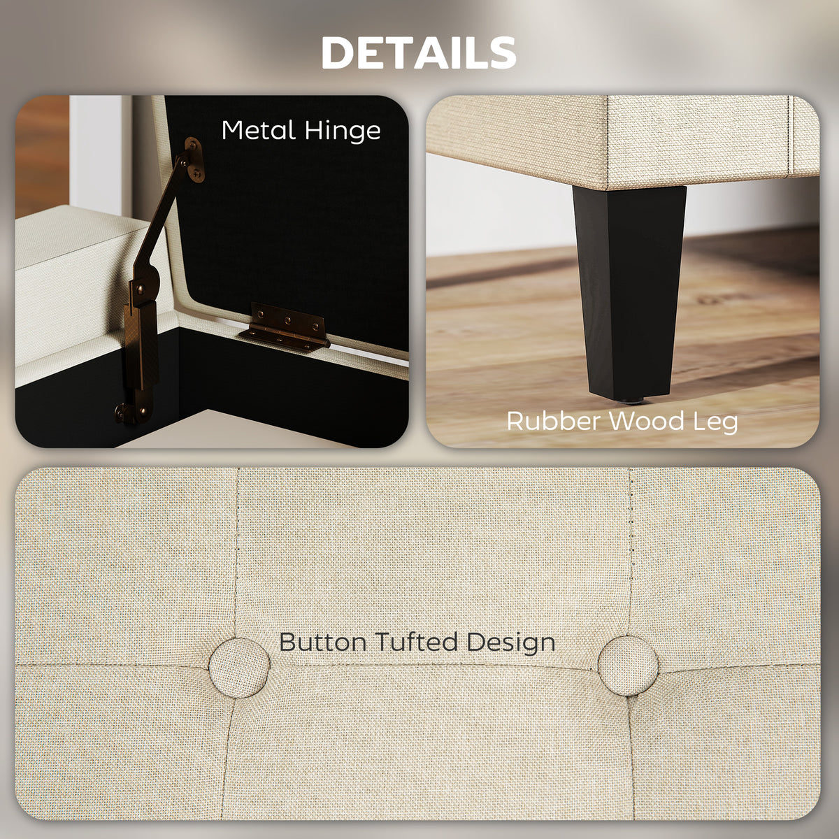 Tufted Linen Storage Ottoman Bench