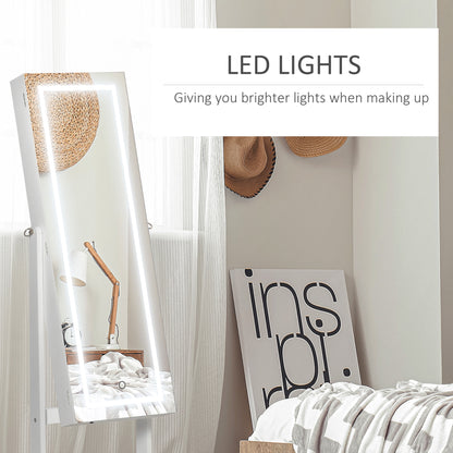 Standing jewelry armoire with mirror and LED lights