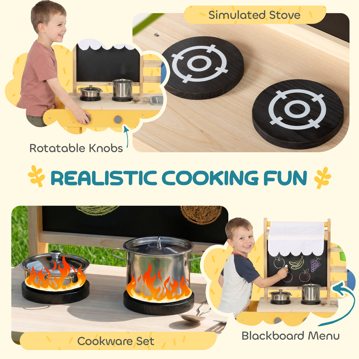 Cocina de barro para niños con grifo, cubeta, pizarra