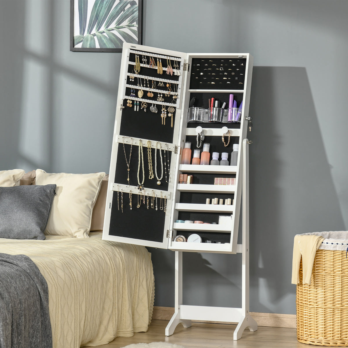 Standing jewelry armoire with mirror and LED lights