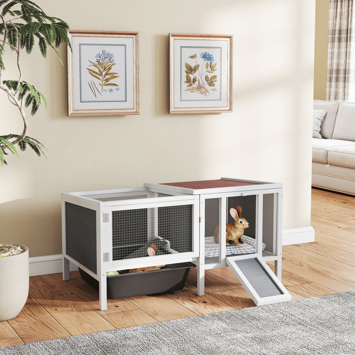 Rabbit hutch wooden dual-zone weatherproof roof