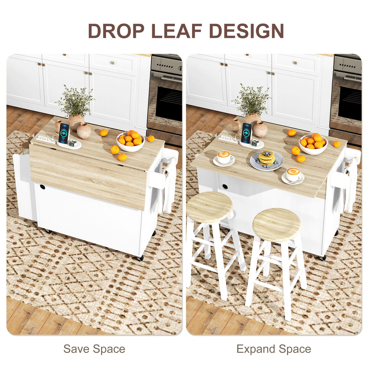 Kitchen island on wheels with drop-leaf countertop