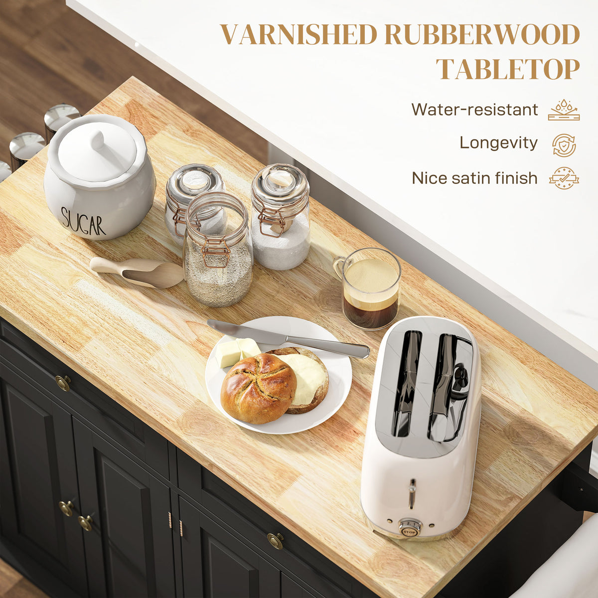 Rolling kitchen island with storage and wood top