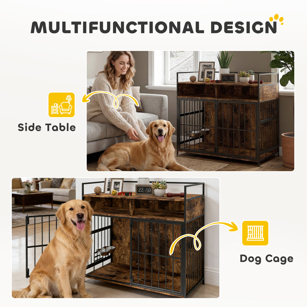 Dog crate furniture table rotating bowls rustic
