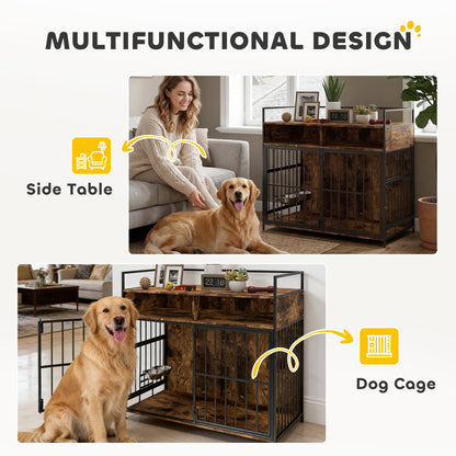 Dog crate furniture table rotating bowls rustic