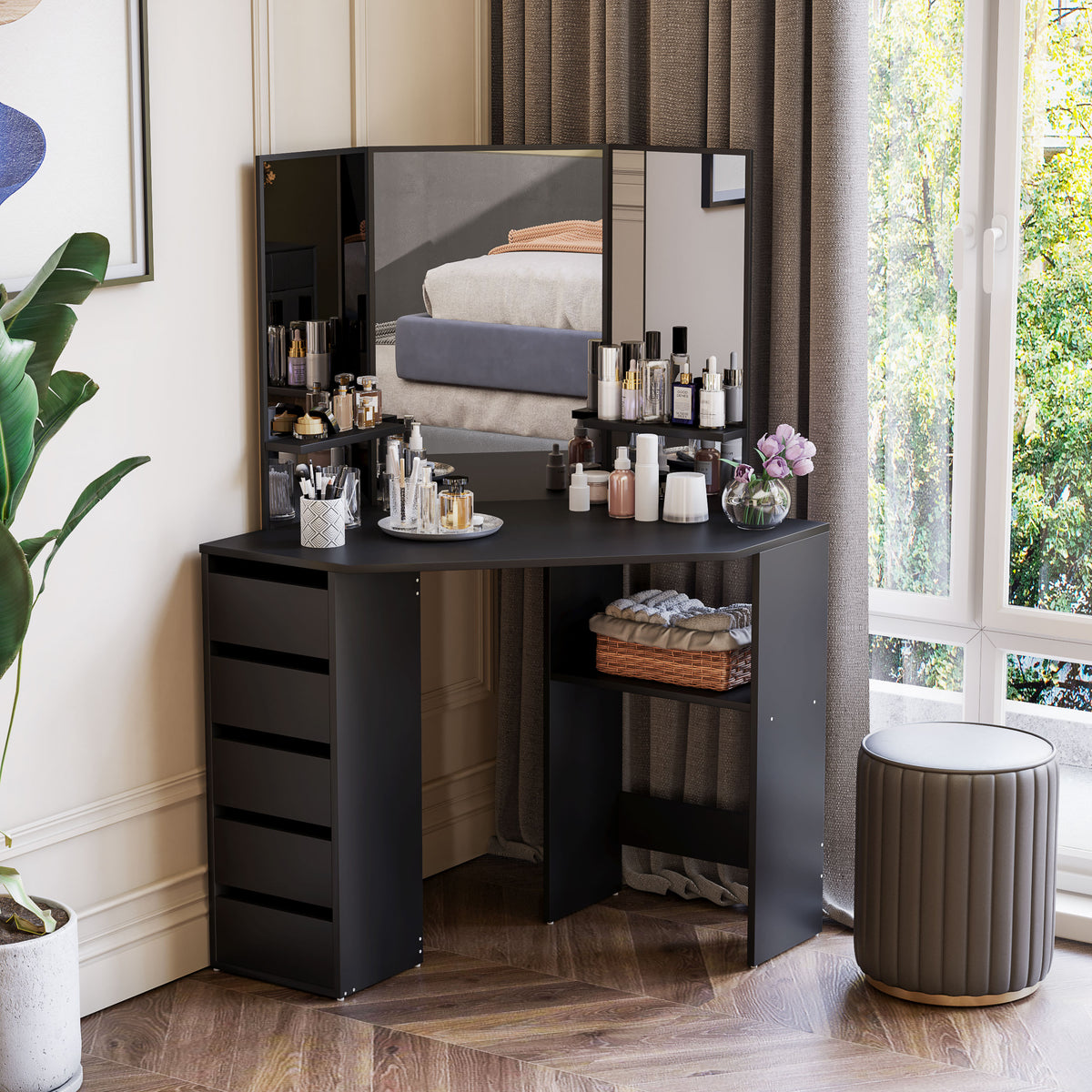 Corner makeup vanity table triple mirror with drawers