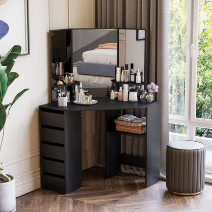 Corner makeup vanity table triple mirror with drawers