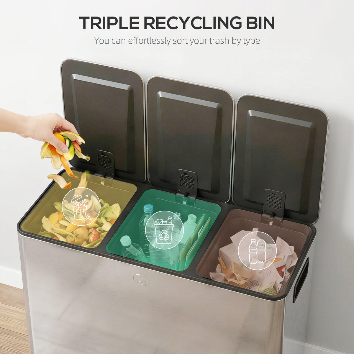 Papelera de tres compartimentos con cierre suave y pedal
