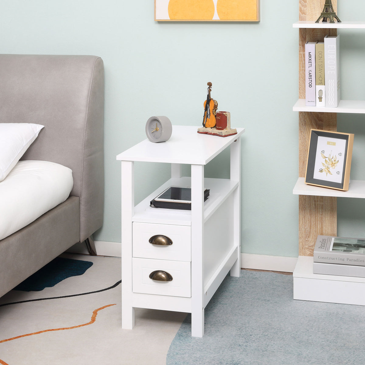 Slim End Table with 2 Drawers and Shelf