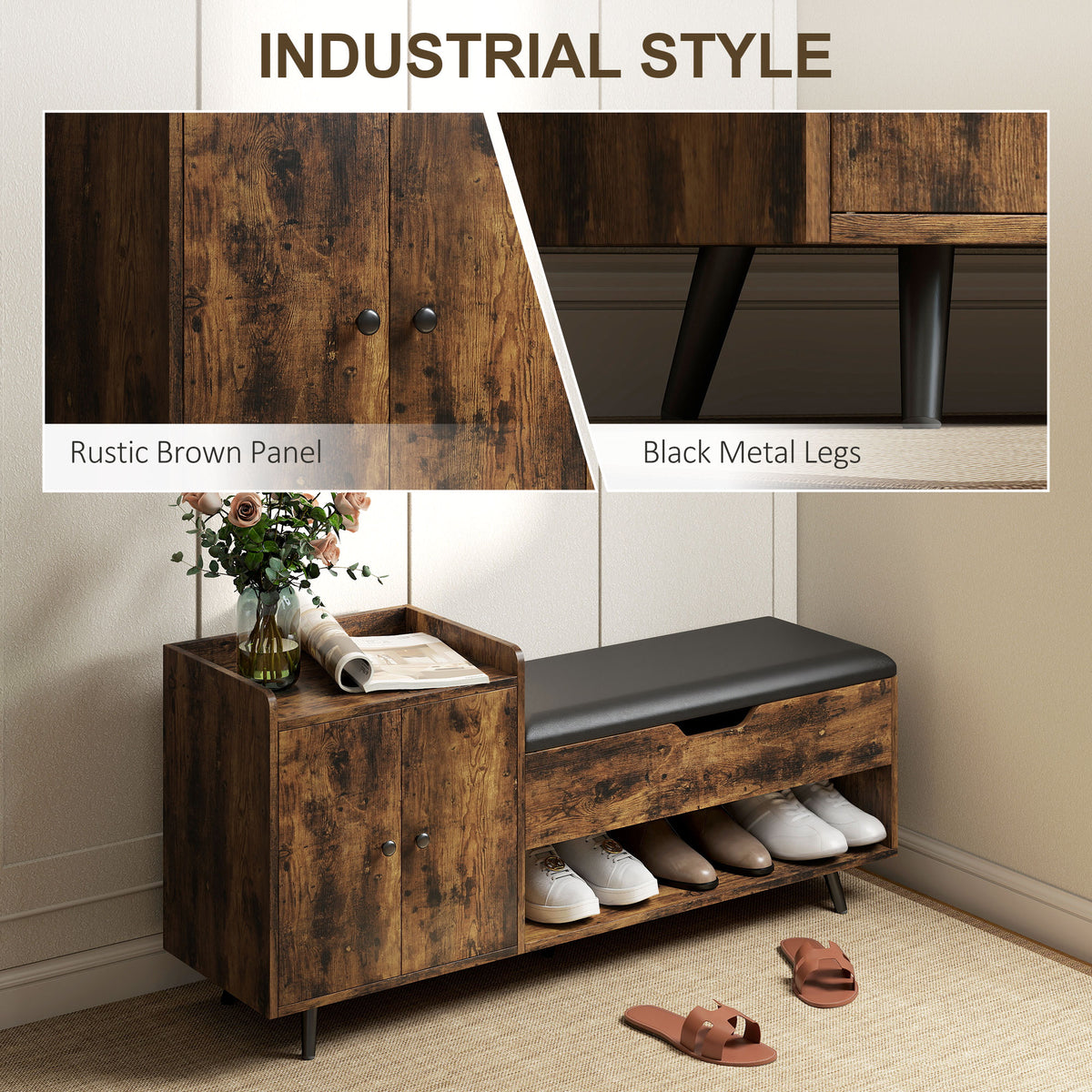 Industrial storage entryway bench