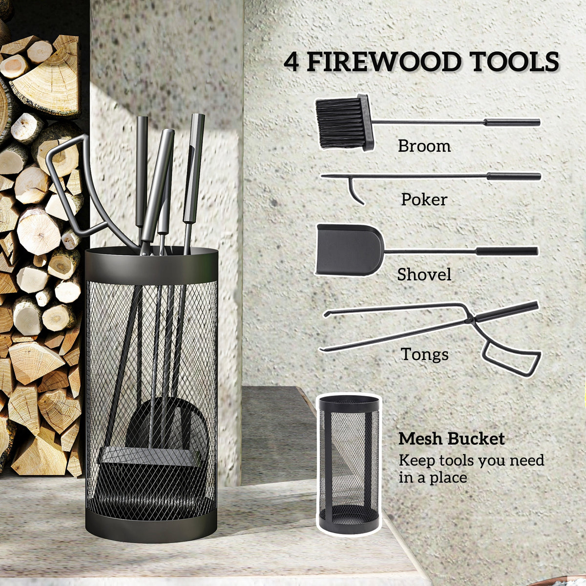 Fireplace Tool Set with Mesh Basket 5-Piece
