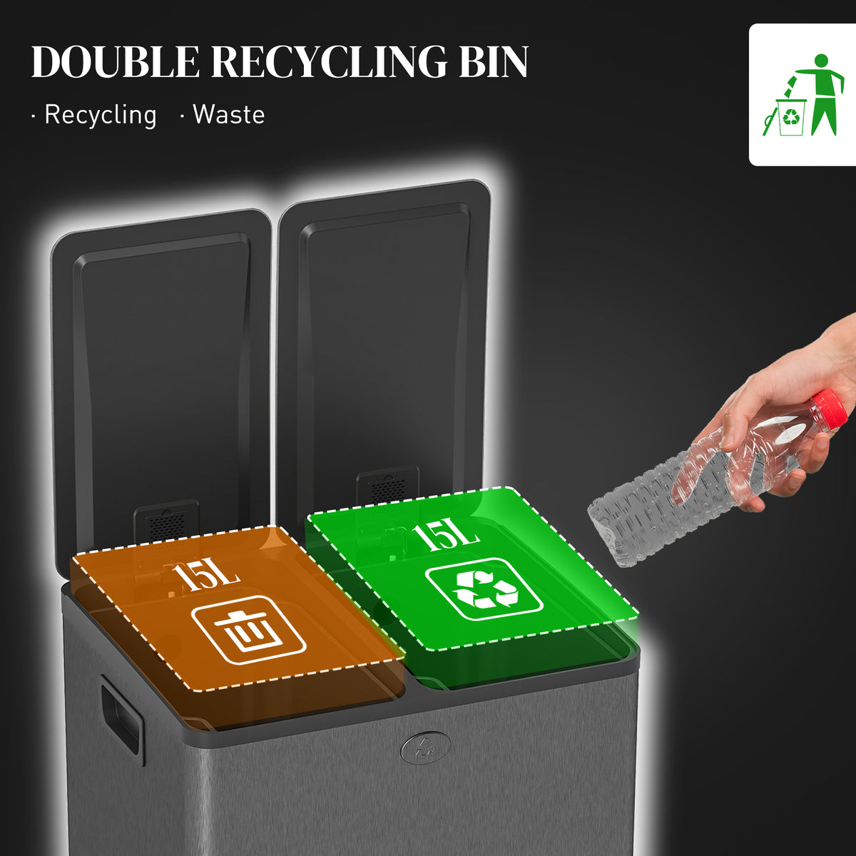 Papelera doble de pedal y cierre suave 30 L