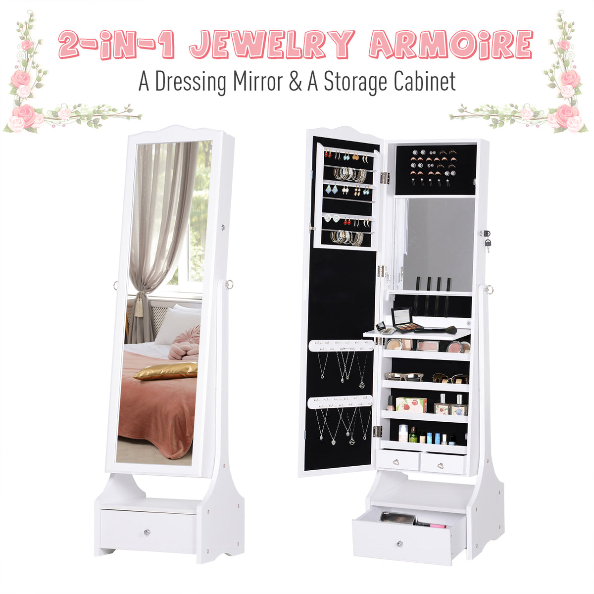 Standing jewelry armoire with full length mirror