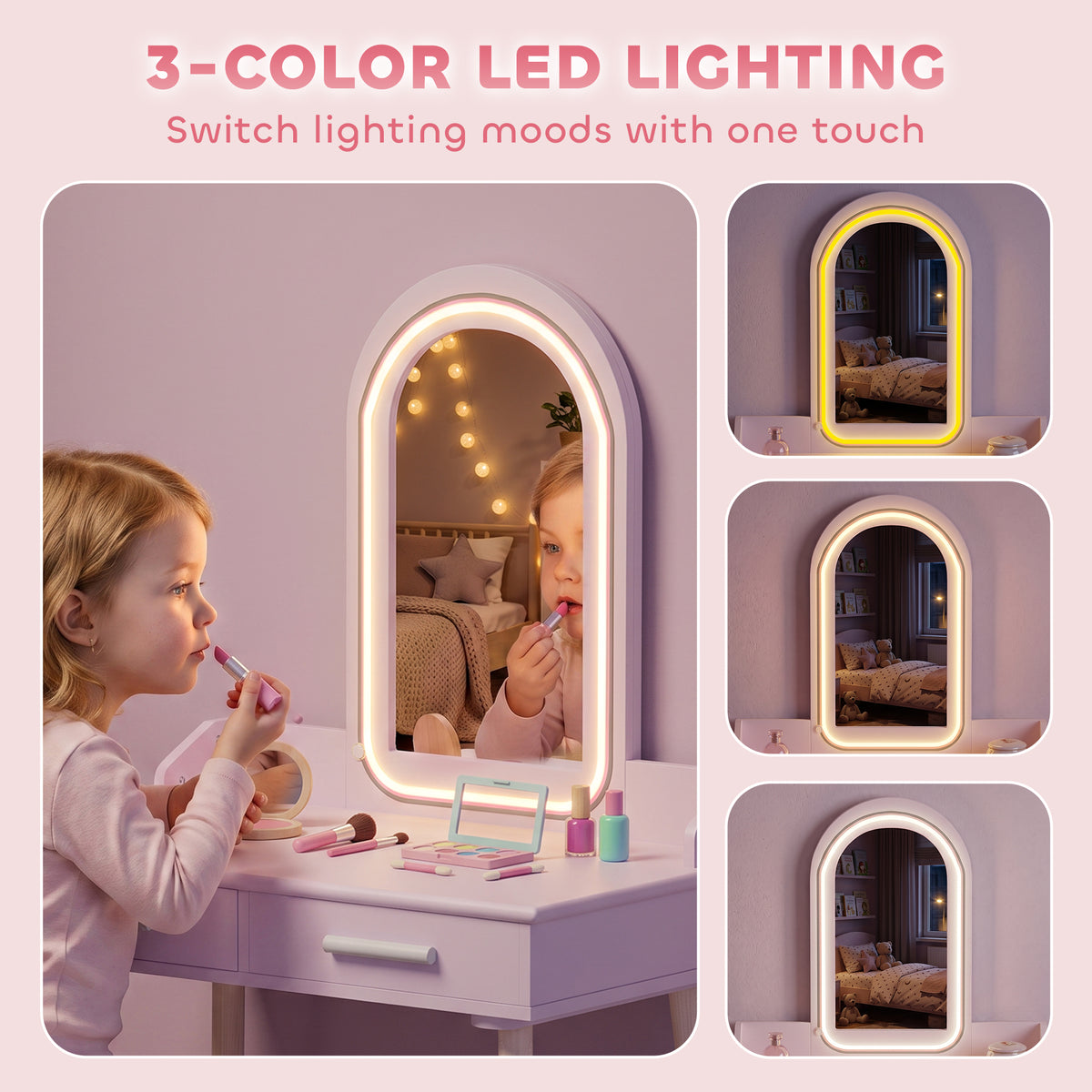 Tocador para niños con espejo LED y taburete