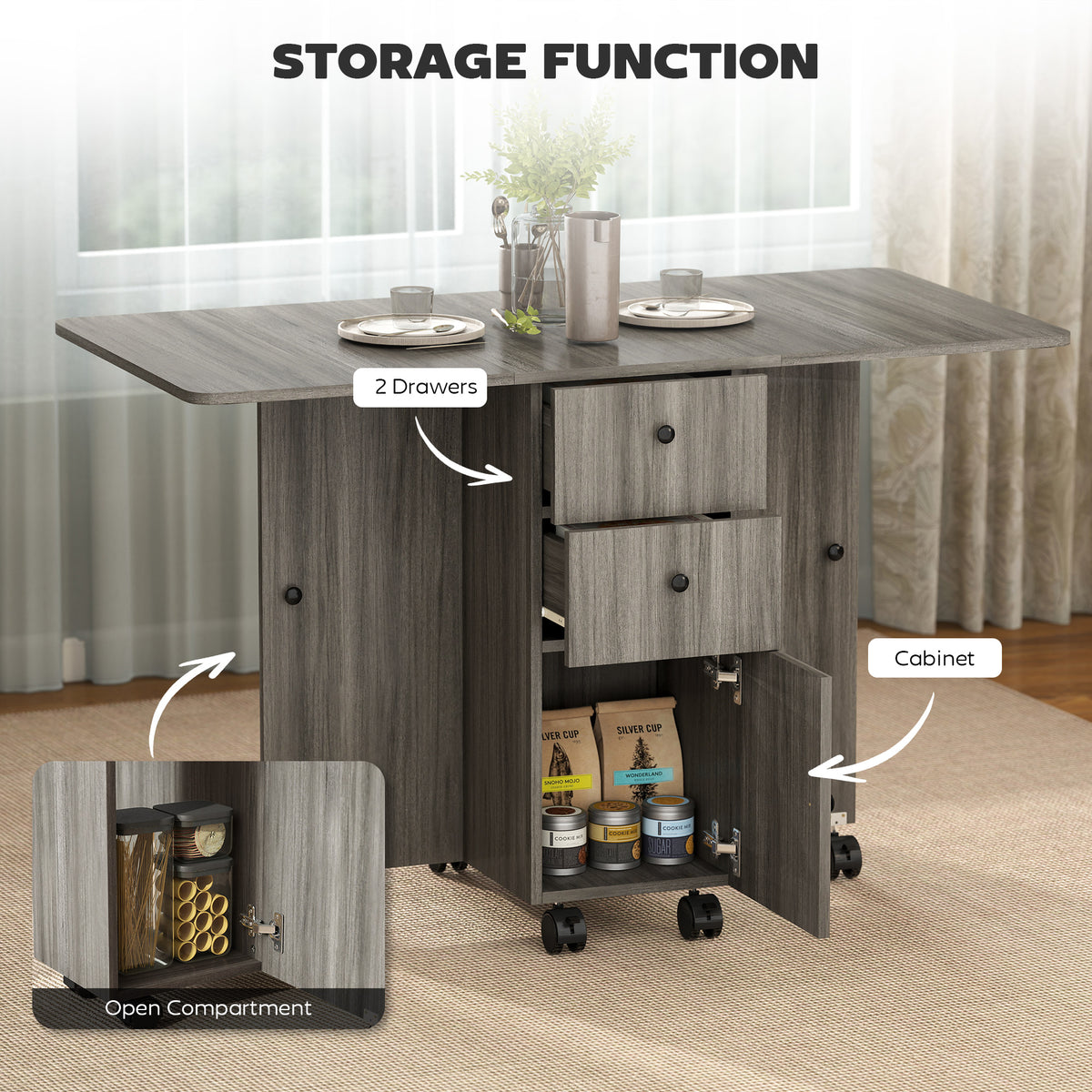 Mesa de comedor plegable y abatible con almacenamiento y ruedas