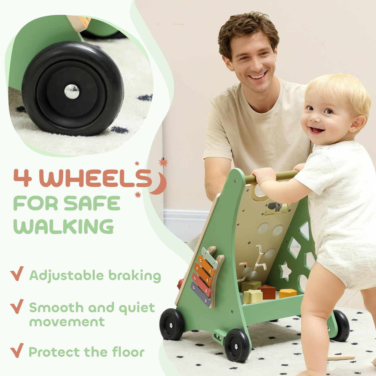 Wooden baby walker with activity centre