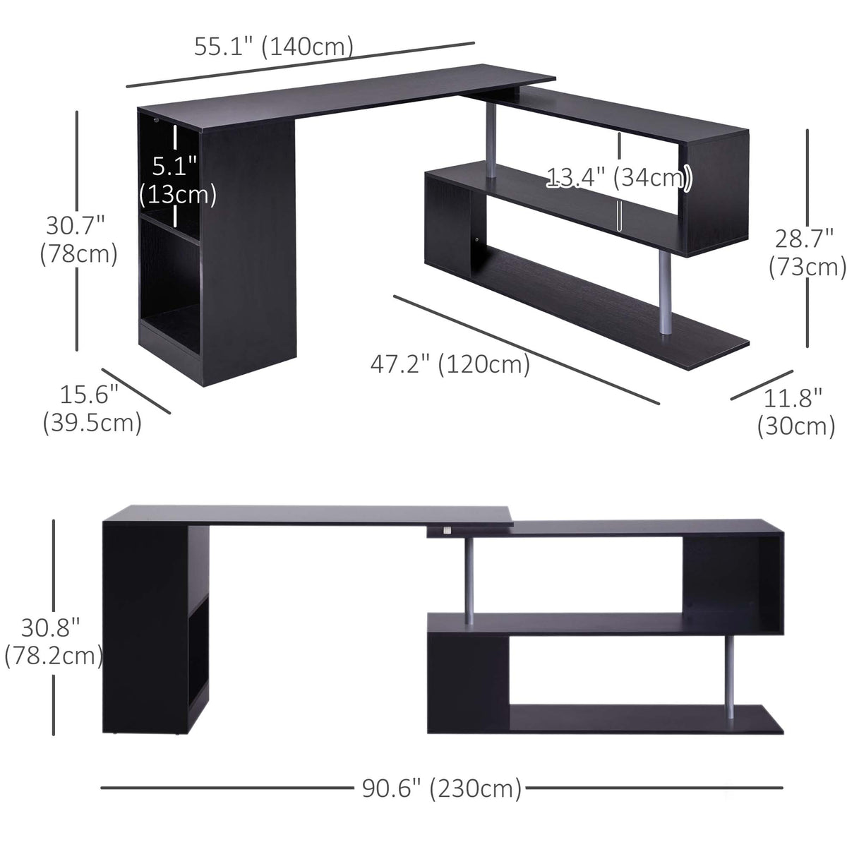 Corner Desk 360° Rotating with 3-Tier Shelves