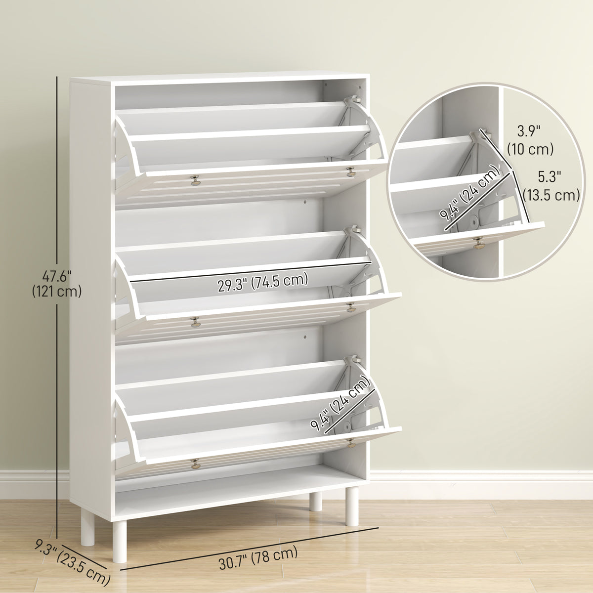 Narrow shoe storage cabinet 3 flip drawers