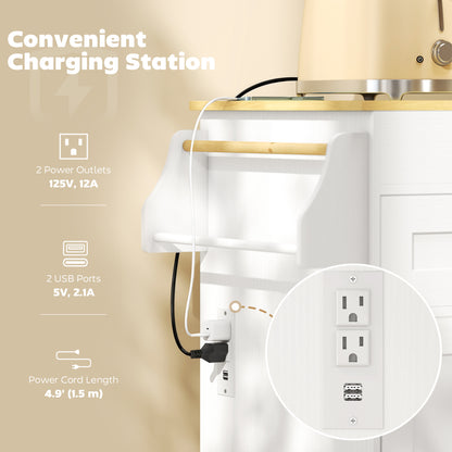 Rolling kitchen island with expandable top and power outlet