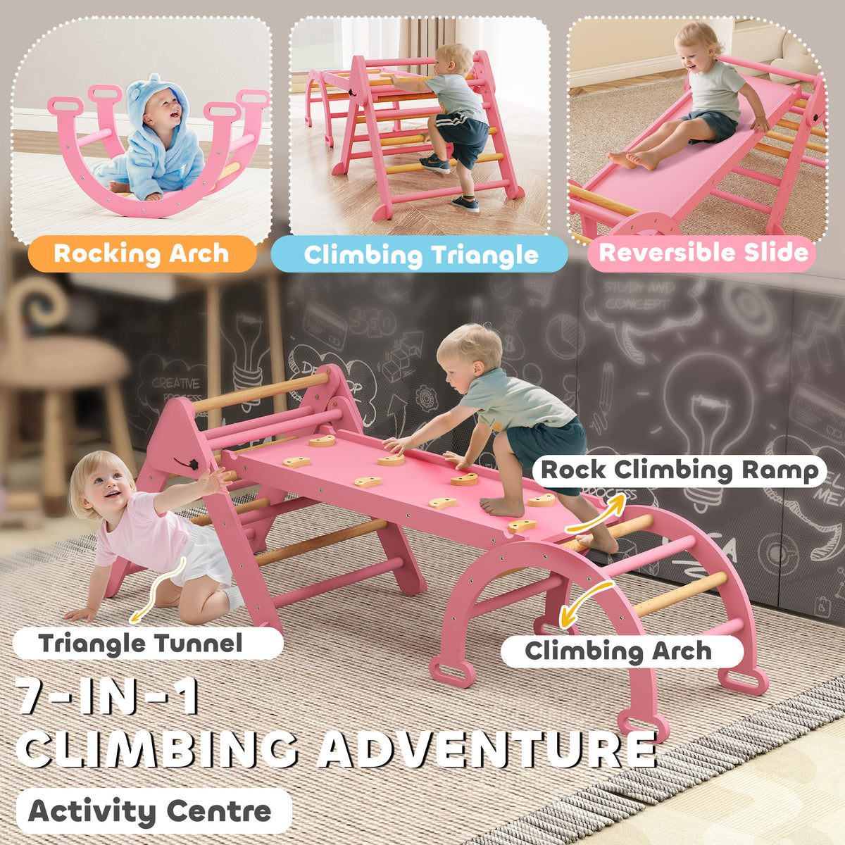 7-in-1 Foldable Wooden Pikler Triangle Set