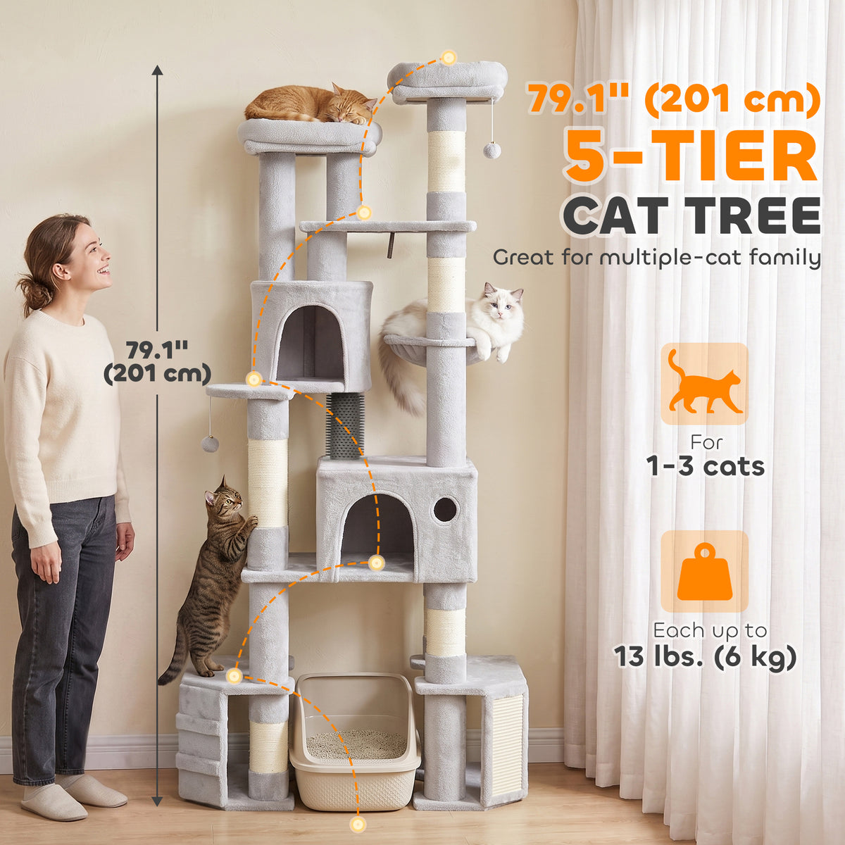 Árbol para gatos gigante de 201 cm de varios niveles