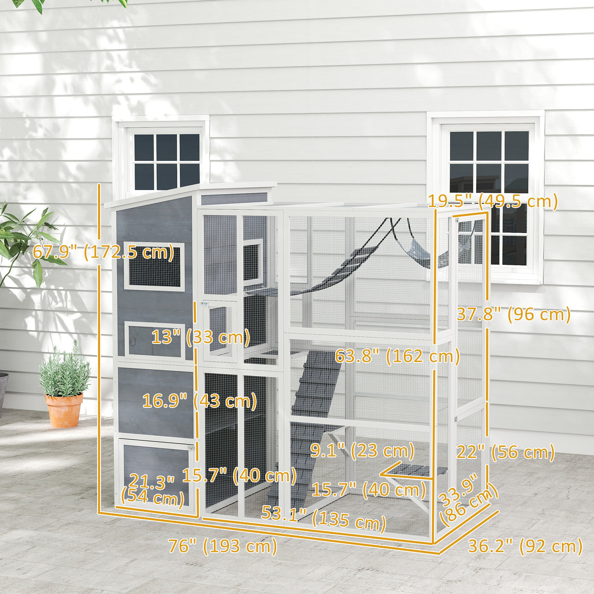 Outdoor wooden cat enclosure with condo and hammock