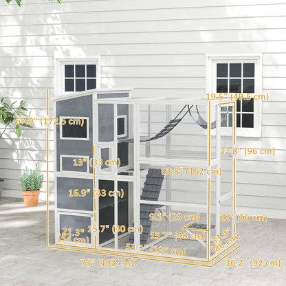 Outdoor wooden cat enclosure with condo and hammock