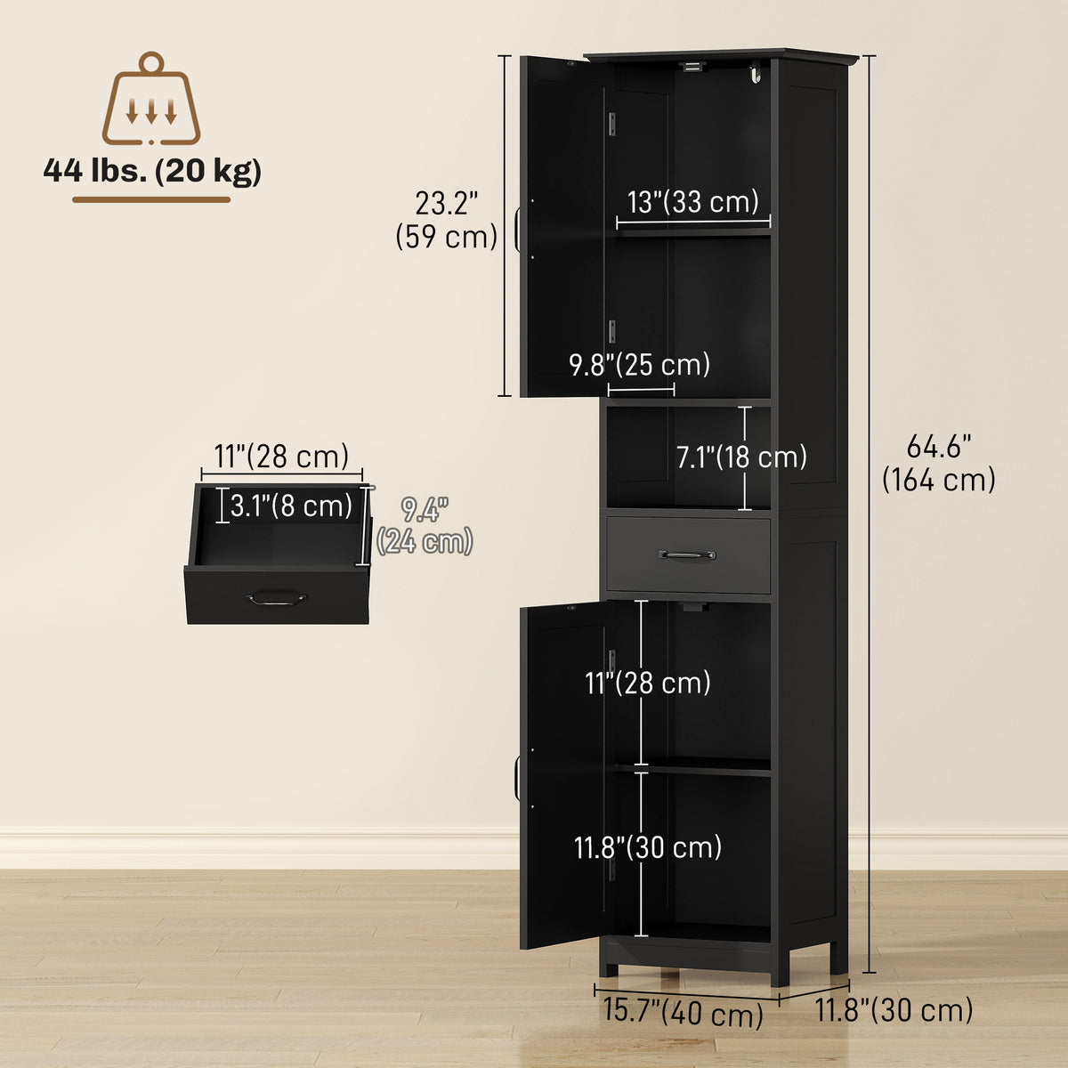 Narrow Bathroom Cabinet with Drawer and Adjustable Shelves