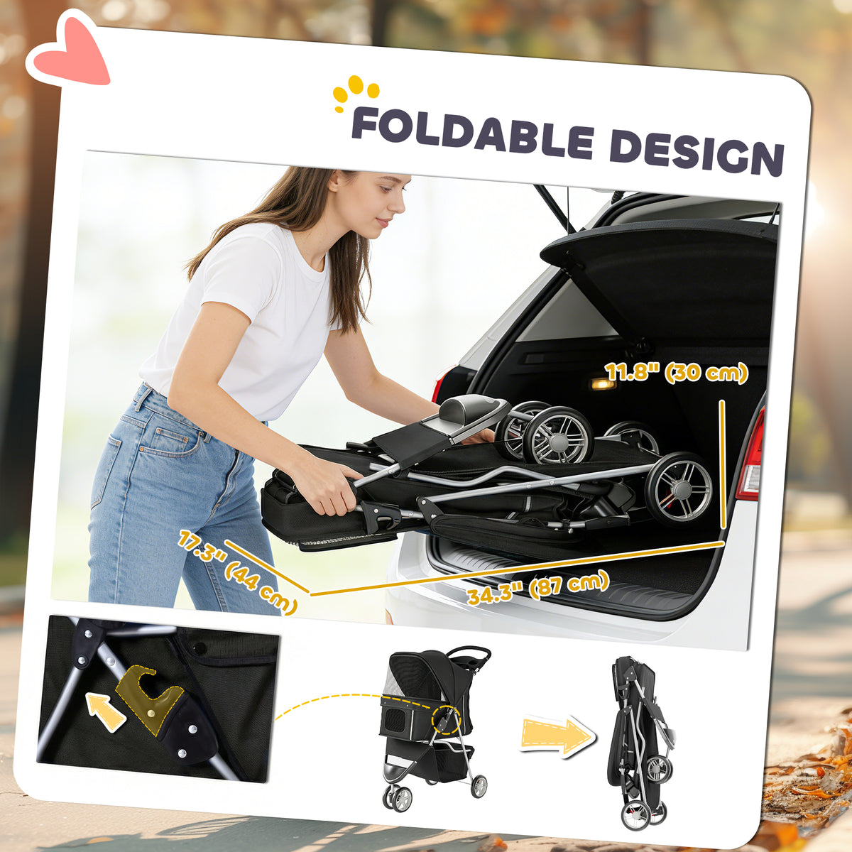 Cochecito plegable de 3 ruedas para perros con toldo ajustable