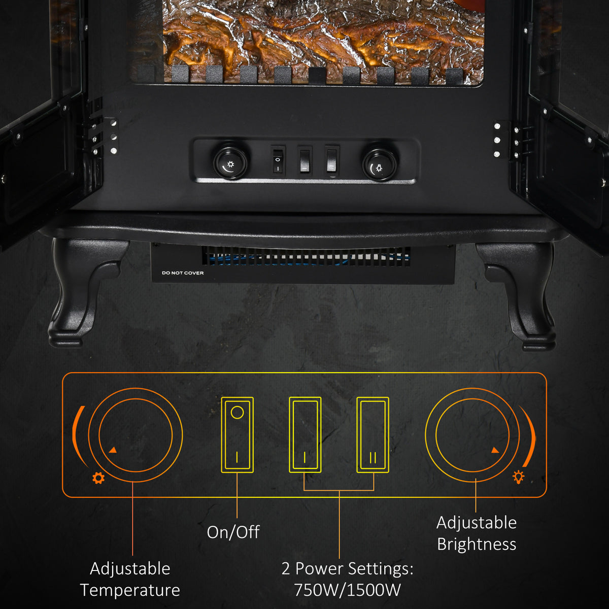 Electric Fireplace Stove Double Door with LED Flame Effect