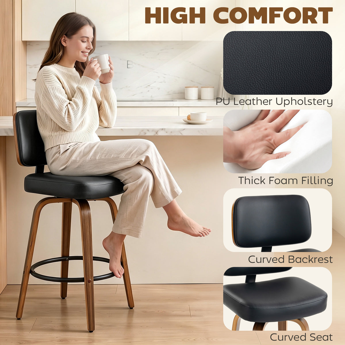 Modern Swivel PU Leather Counter Bar Stools — Set of 2