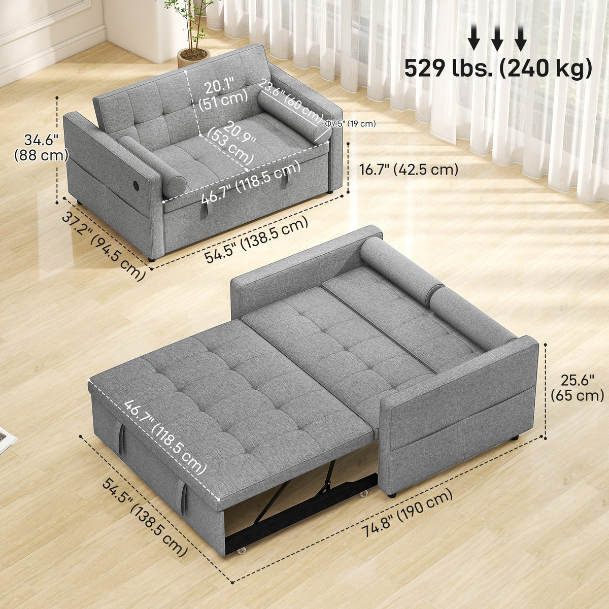 Convertible sofa bed with USB ports and adjustable backrest