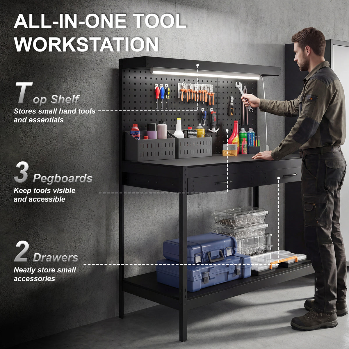 Heavy-Duty Workbench with LED Light and Power Outlets