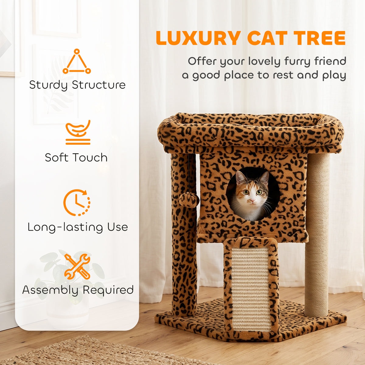 Rascador compacto para gatos con percha y caseta