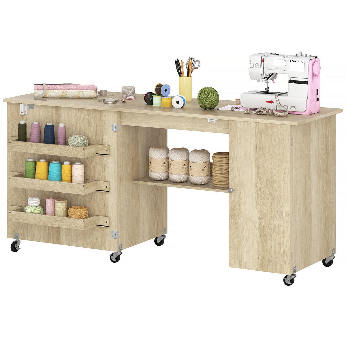 Folding Sewing Machine Table with Doors — Wood