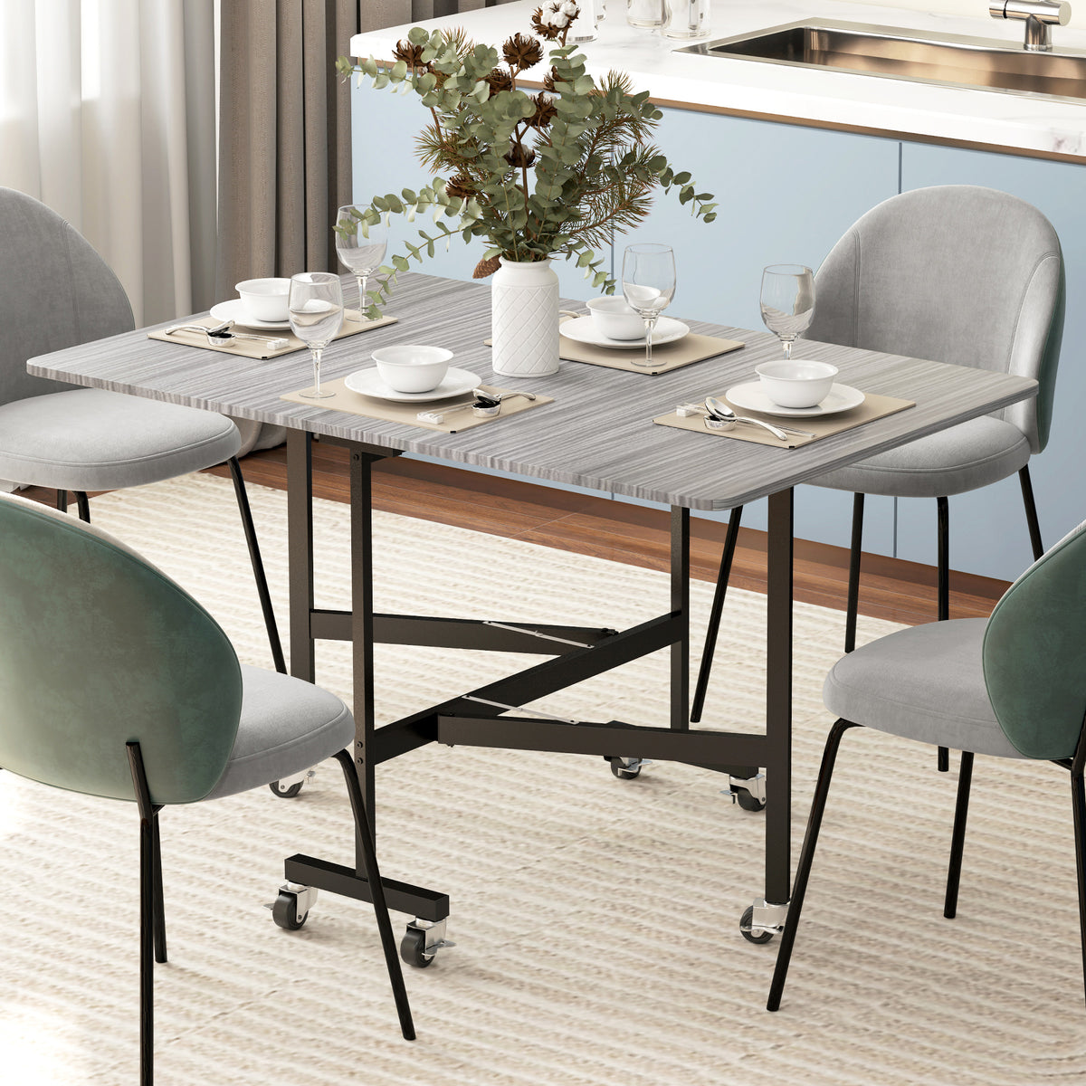 Six-Seater Drop-Leaf Dining Table with Wheels