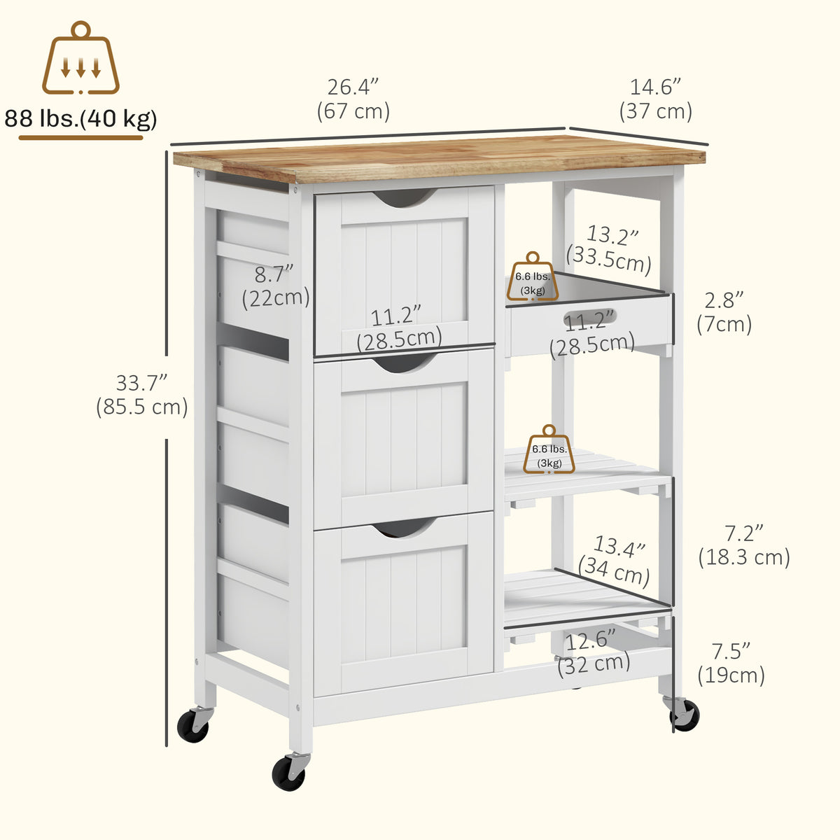 Rolling kitchen cart with wood top and drawers