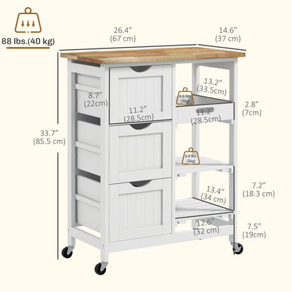 Rolling kitchen cart with wood top and drawers