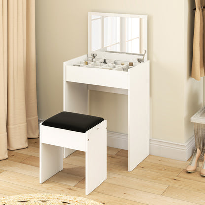 Modern vanity table with flip top mirror and cushioned stool