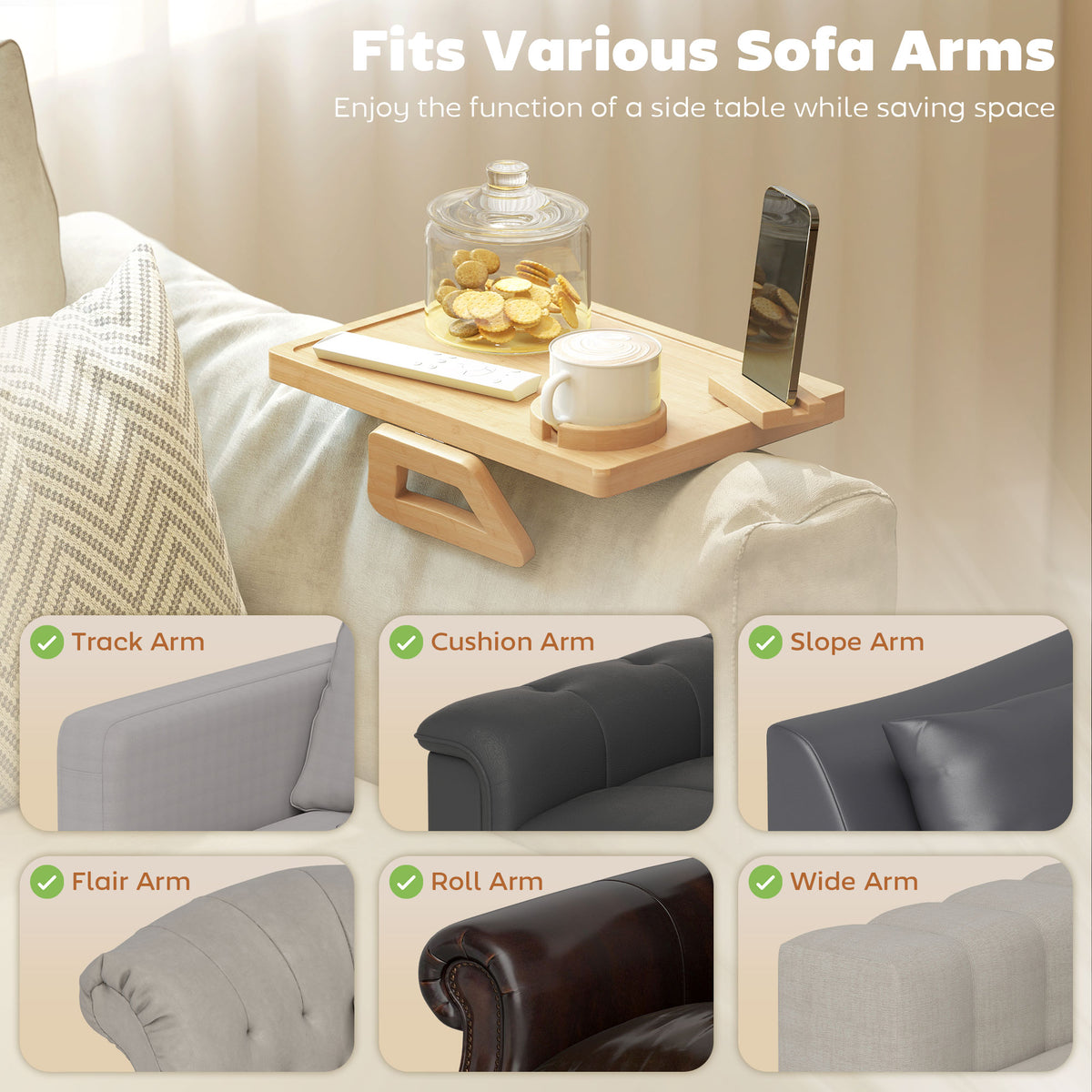 Couch Arm Tray with 360° Rotating Phone Holder