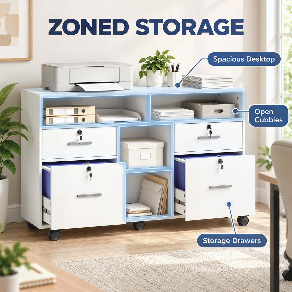 Mobile Locking File Cabinet with Open Shelves