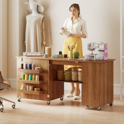 Folding Sewing Table with Storage — Wood