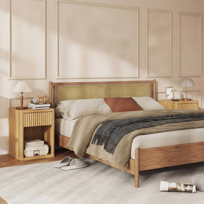 Modern Nightstand Set of 2 with Fluted Drawer and Open Shelf