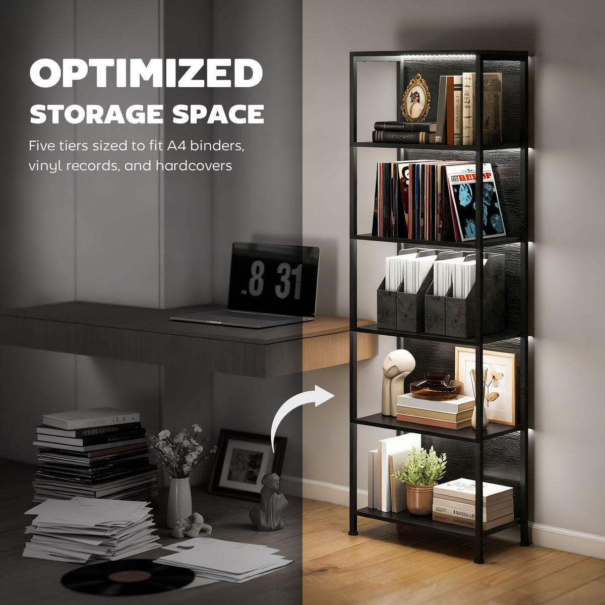 5-Tier Freestanding Bookshelf with LED Lights