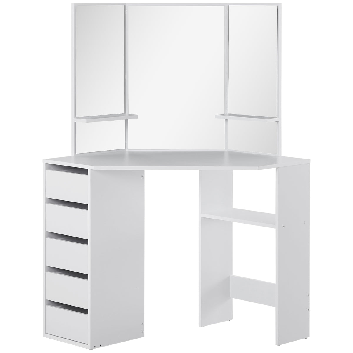 Corner makeup vanity table triple mirror with drawers