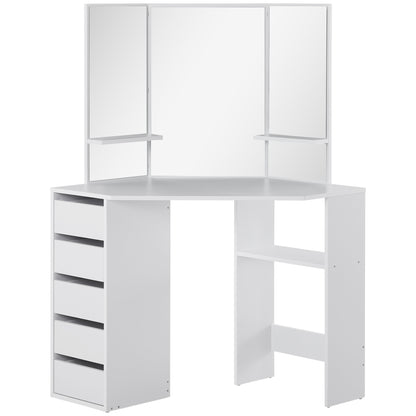 Corner makeup vanity table triple mirror with drawers